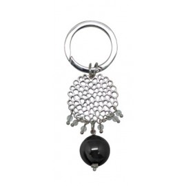 Porte clé métal boule nacrée noire et décor métal ciselé