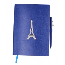 Carnet A5, 96 pages blanches 100g, couverture PU bleu, Tour Eiffel + stylo