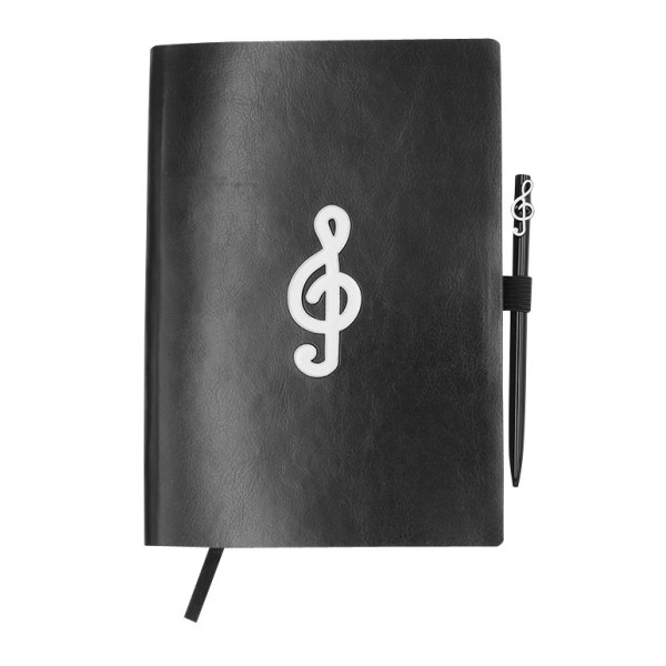 A5 notebook, 96 white 100 g pages, black PU cover, Music design + pen -  Equinoxe Cadeaux