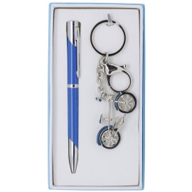 Coffret stylo bleu + porte clés vélo vintage bleu en émail