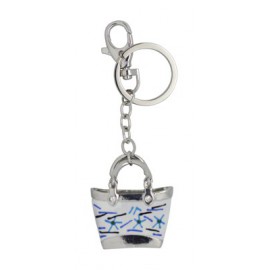 Porte-clés métal forme sac blanc avec motifs bleus