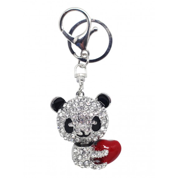Porte clé panda en strass avec coeur rouge