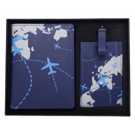 Coffret protège-passeport + étiquette à bagage bleus, motifs avions