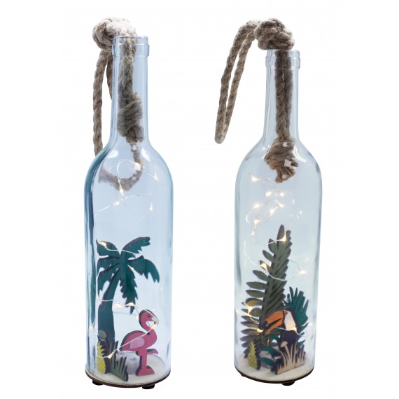 Glass bottle with led, flamingo and toucan deco