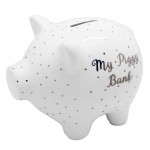 White ceramic pig moneybank, dots or heart, asst 2 texts, x 12 pcs