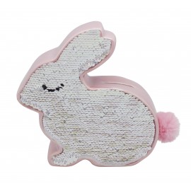 Rabbit money bank in ceramic and reversible sequins, iridescent pink