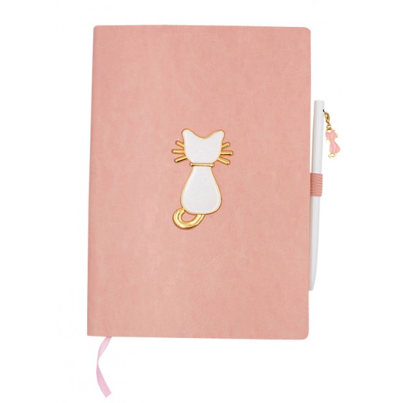 Carnet A5, 96 pages blanches 100g, couverture PU rose, thème chat + stylo
