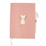 Carnet A5, 96 pages blanches 100g, couverture PU rose, thème chat + stylo