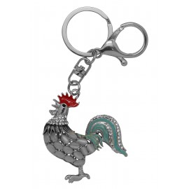 Chrome metal rooster keychain set with rhinestones