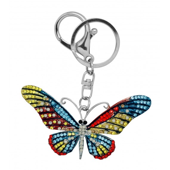 Porte clés papillon en métal et strass multicolores