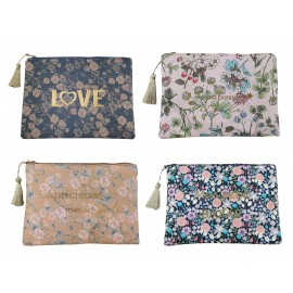 Pochette en tissu avec fleurs et pompon couleurs assorties X12