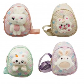 Mini sac à dos en PU décors assortis "lapin " et " chat" en peluche x 12