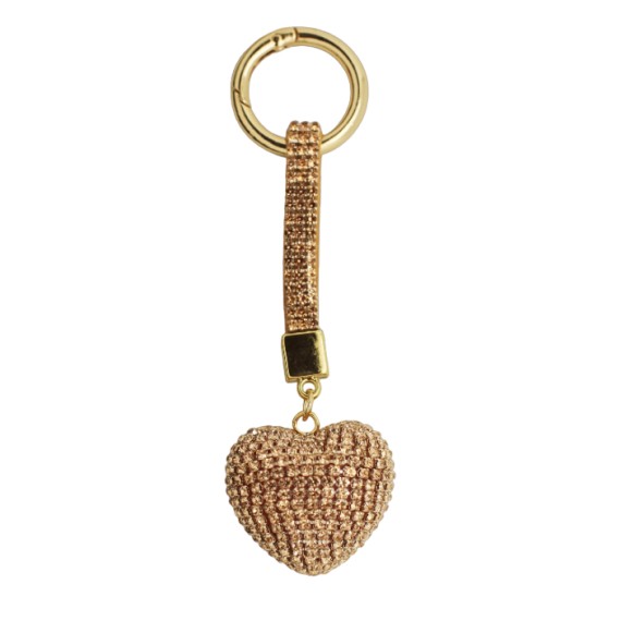 Porte clés coeur doré entièrement strassé avec lanière et mousqueton